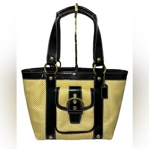 Coach Legacy Straw Tote Black Patent Leather Trim Shoulder Bag F13834 - EUC